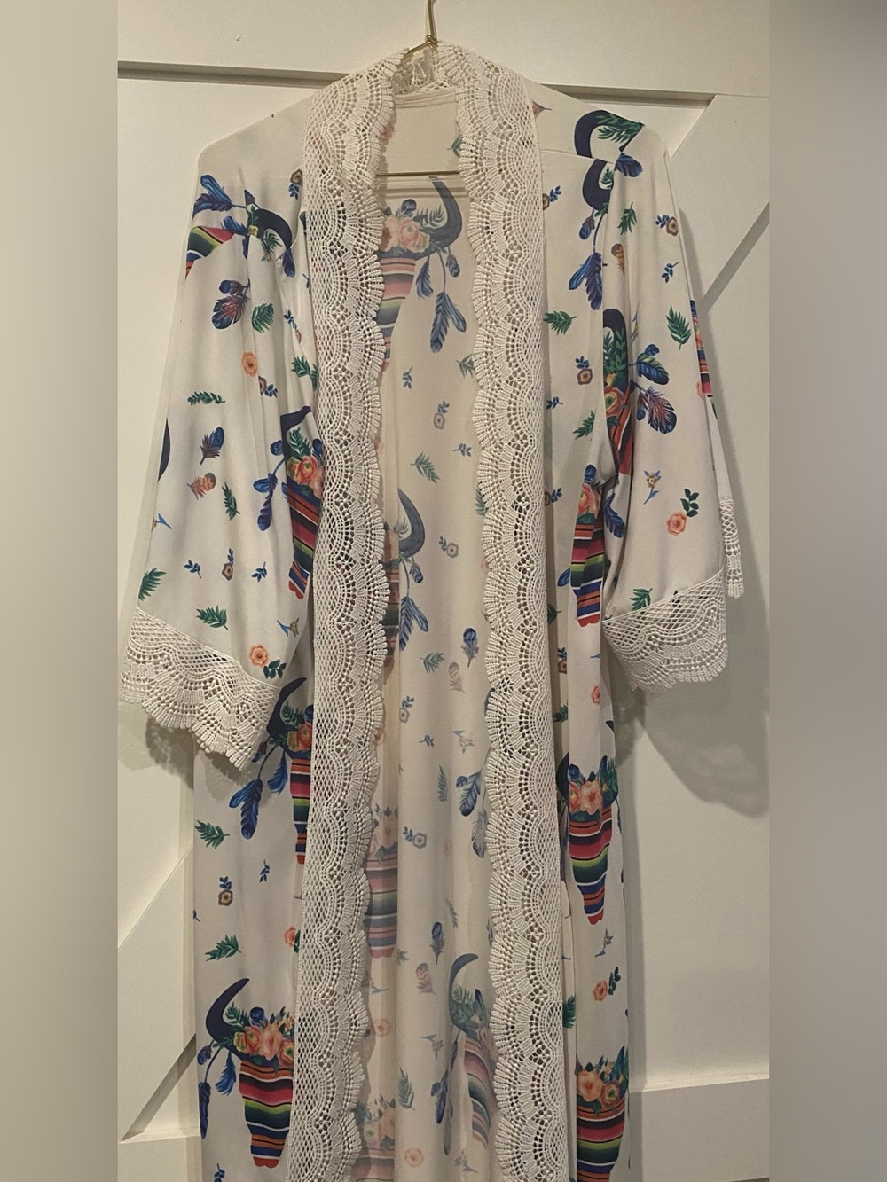White Floral & Southwestern Print Lace Trim Kimono